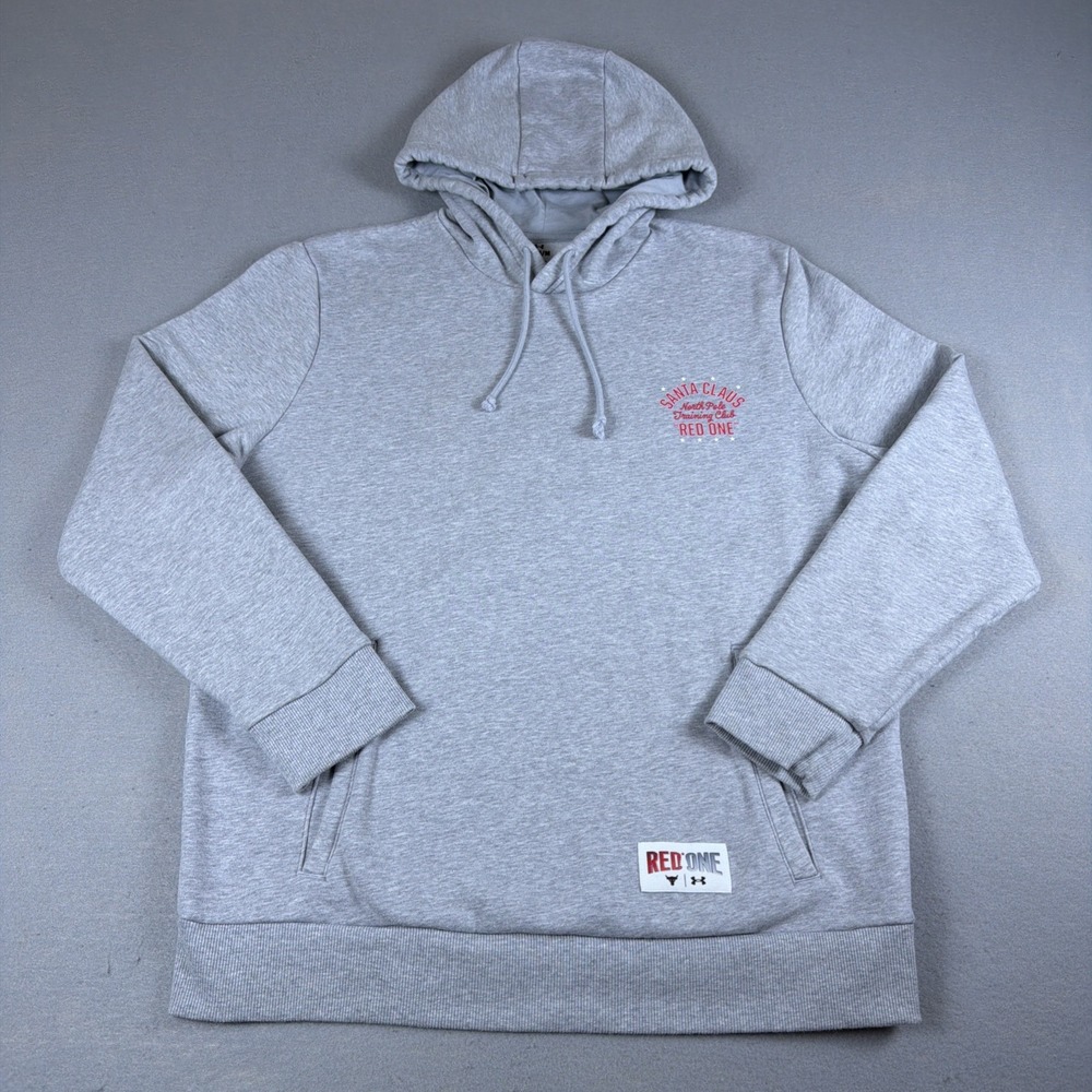 Under Armour Project Rock Red One Hoodie Mens Medium Gray Fleece Pullover Santa